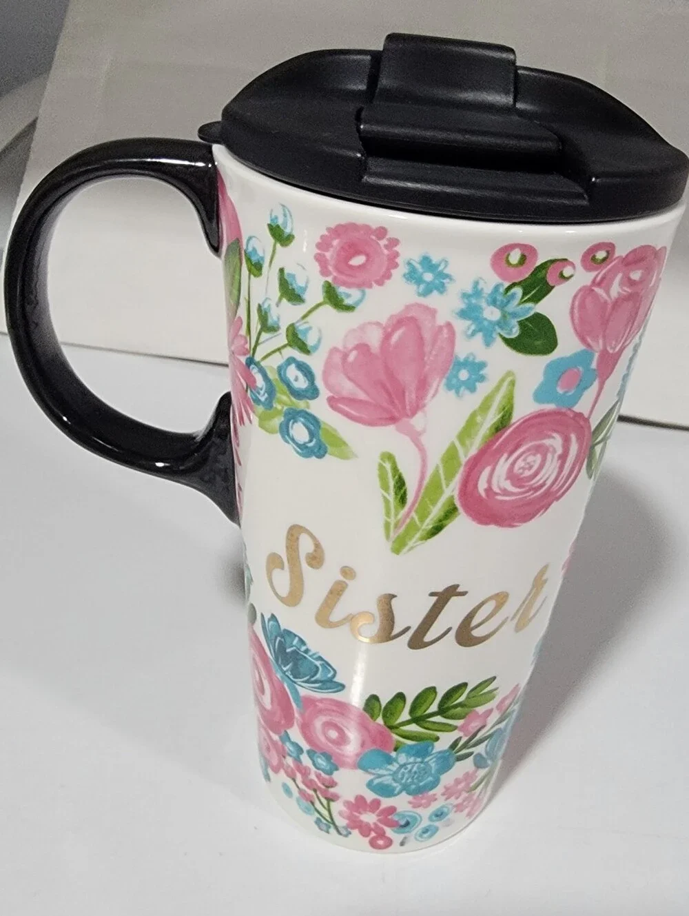 NWOB-17 Oz Cypress Sister Floral Flowers Tall Travel Ceramic Mug w/handle & Lid
